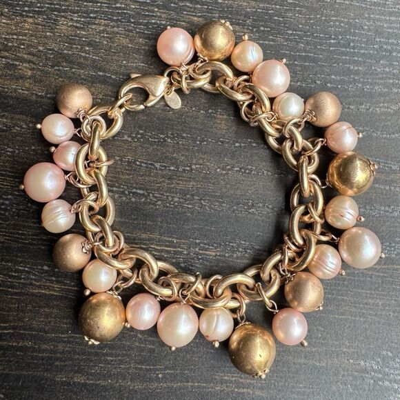 Vintage Honora Bronze Pink Freshwater Cultured Pearl Charm Bracelet 7.5” Italy - Picture 3 of 15